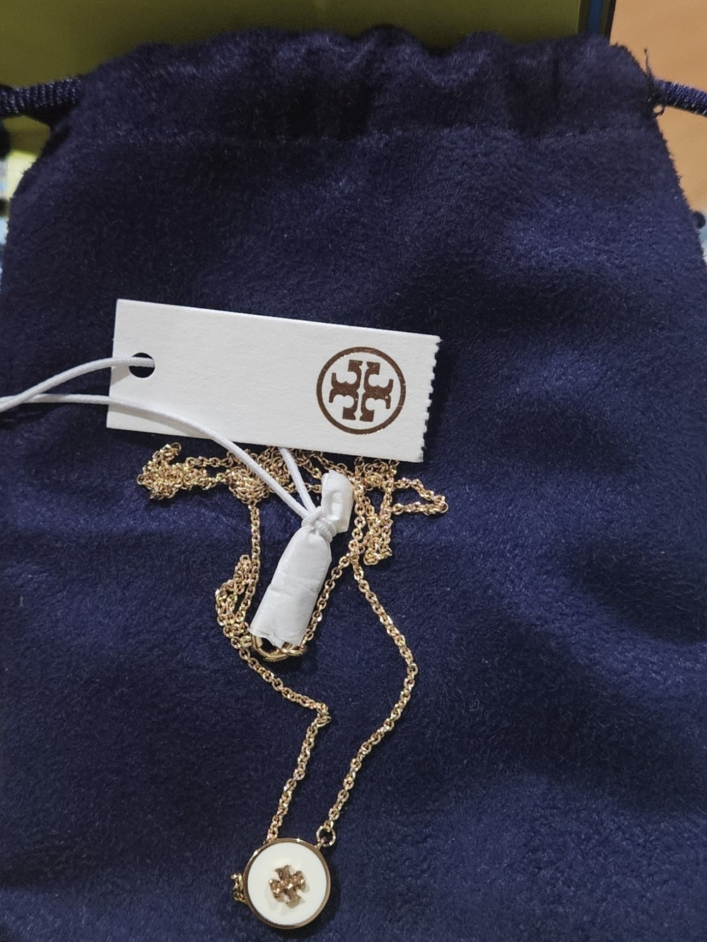 Tory Burch Gold and White Logo Pendant Necklace
